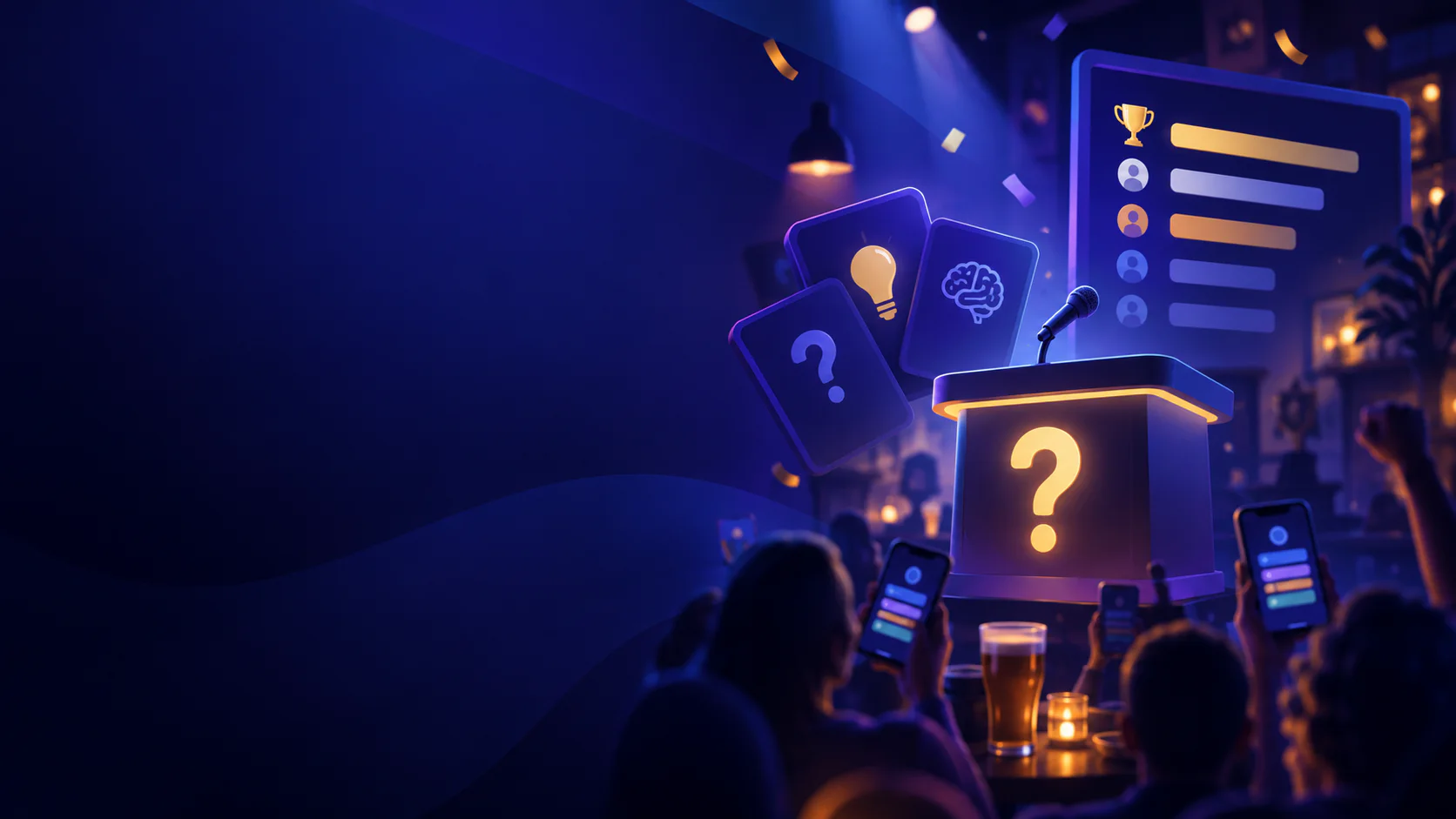 A lively Quizora gameshow with a presenter podium, leaderboard and players answering on their phones