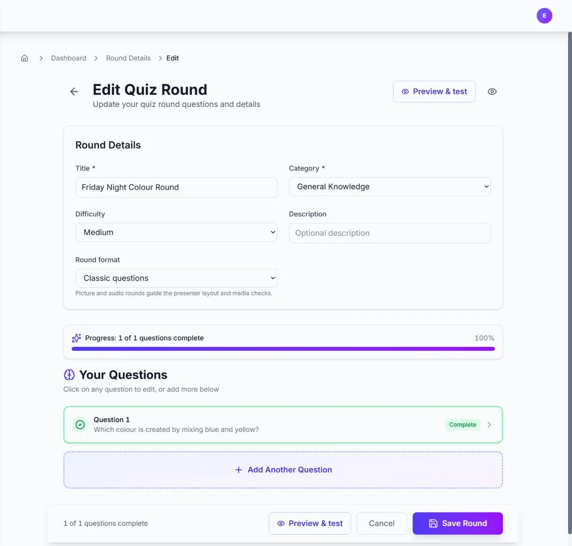 Quizora round editor showing question controls and preview actions